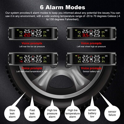 Wireless Solar TPMS LCD Car Tire Pressure Monitoring System W/4 External Sensors
