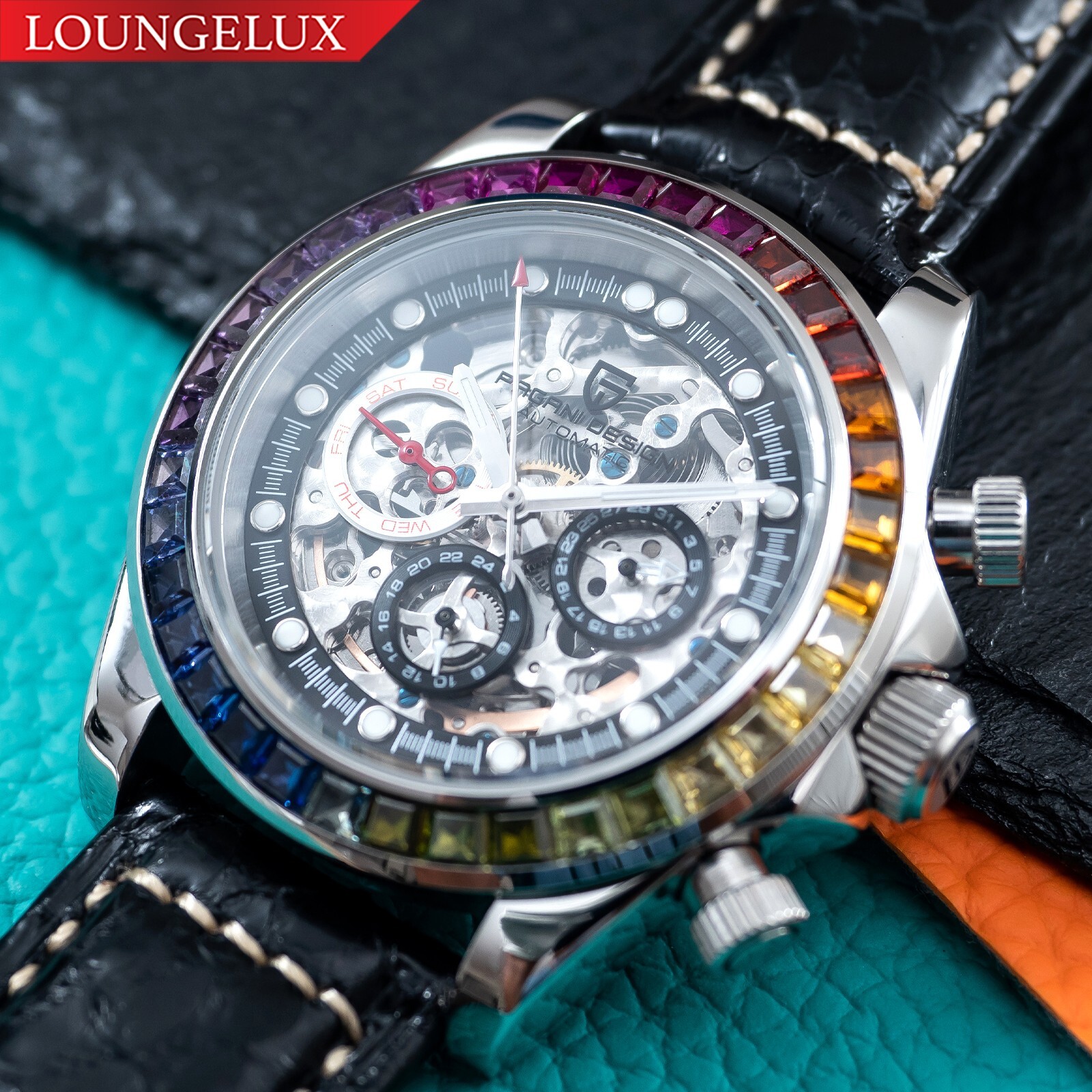 Pre-owned Pagani 40mm Automatic Mechanical Watch Silver Chrome Rainbow Black Snake Skin Leather