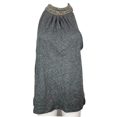 Vanessa Virginia Anthro Shirt Womens Sz M Gray High Neck Beaded Top Sleeveless