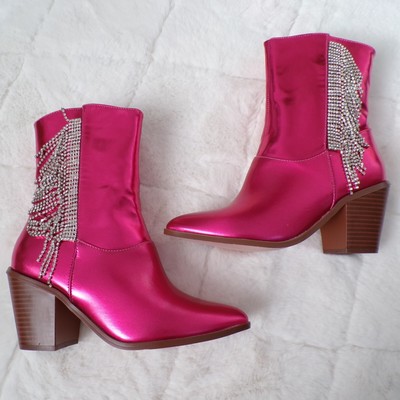 Chase+Chloe Flashy Rhinestone Tassel Metallic Pink Western Cowgirl Boot, Justine
