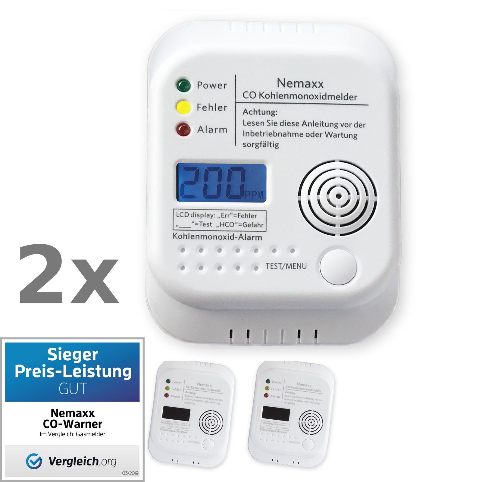 2x Nemaxx CO Melder Alarm Kohlenmonoxid Gasmelder Gaswarner Rauchmelder