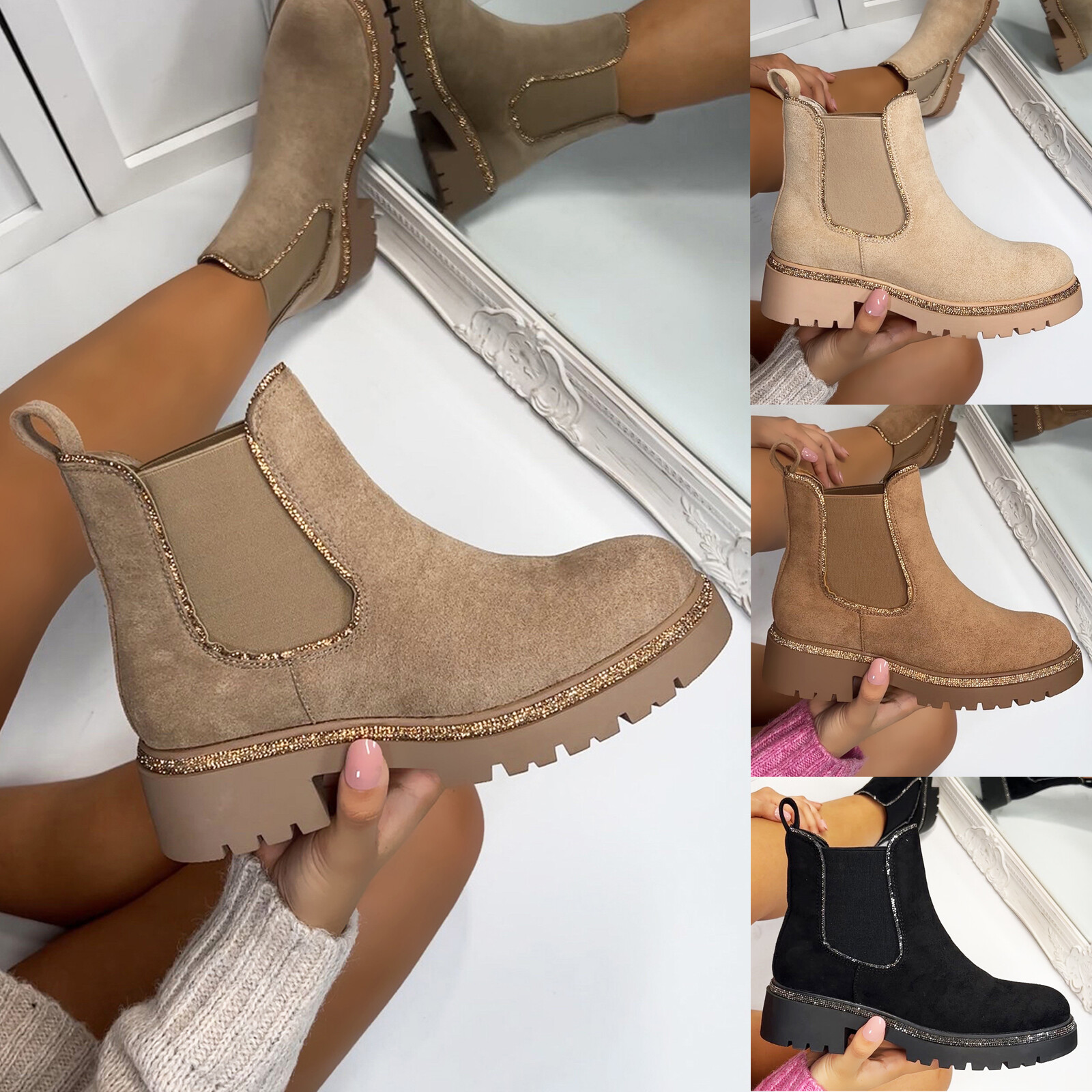 New Womens Chelsea Faux Suede Chunky Sole Ankle Boots Shoes Sizes 3 8 eBay