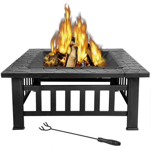 32" Outdoor Fire Pit Square Metal Firepit Backyard Stove Wood Burning with Cover