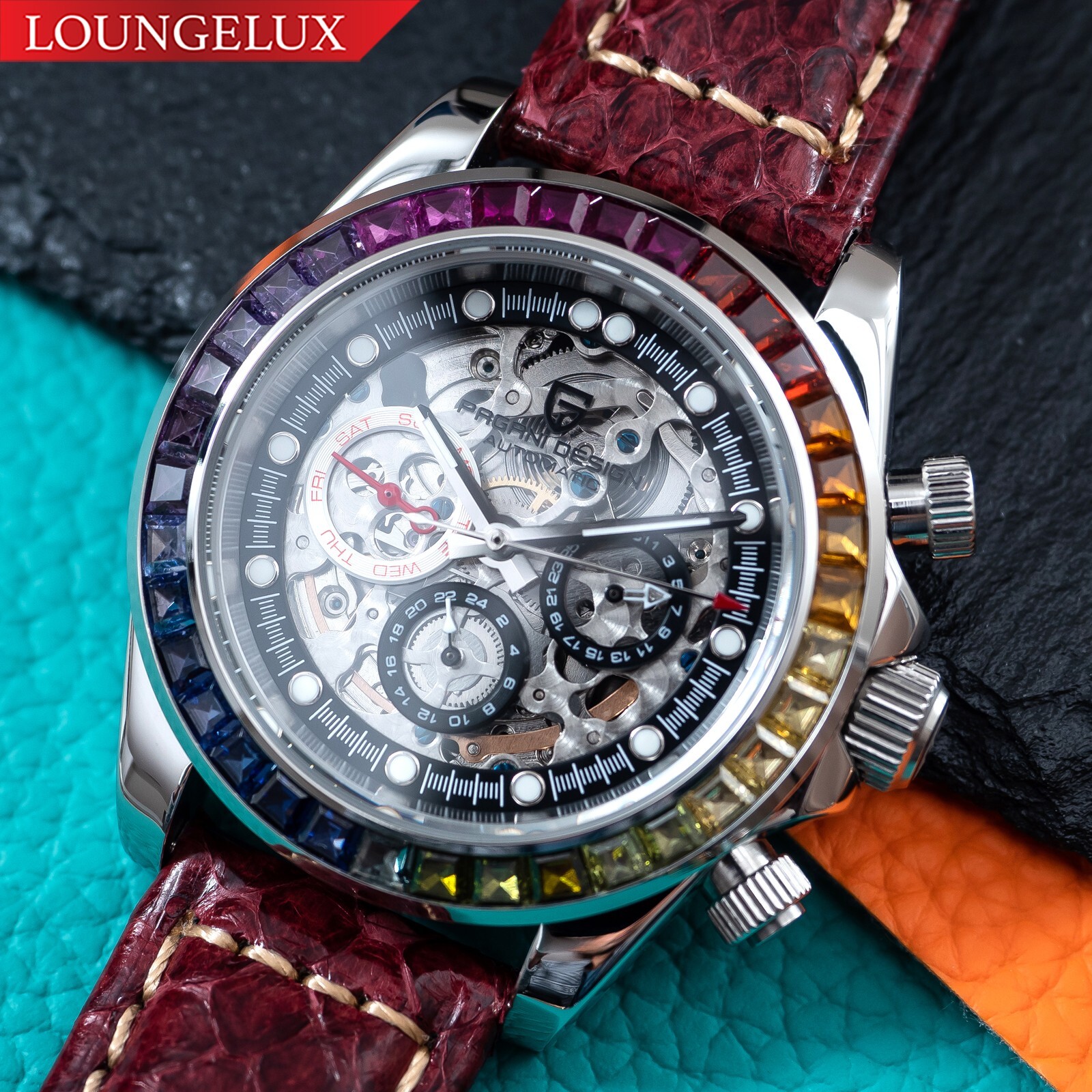 Pre-owned Pagani 40mm Automatic Mechanical Watch Silver Chrome Rainbow Brown Snake Skin Leather