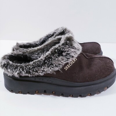 SKECHERS Womens 9 Clog Mules Shindigs Fortress 45703 Fur Brown Suede Shoe eBay