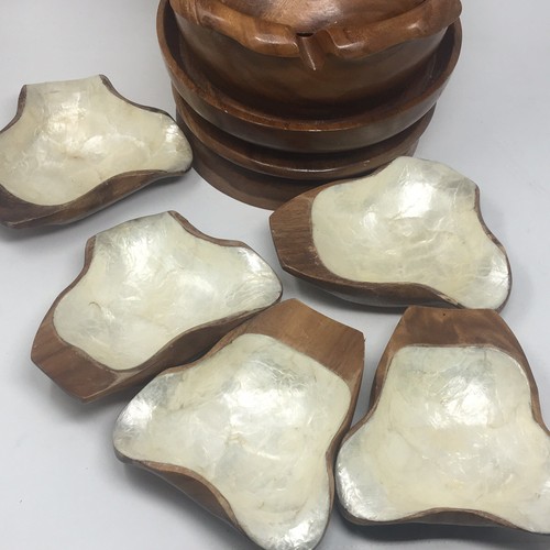Lotus Flower Monkey Pod Wooden Bowl Mother of Pearl Lazy Susan
