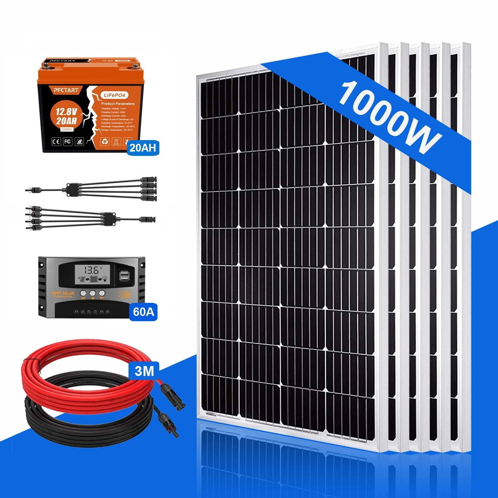 1000W Watt 12V Volt Solar Panel Kit Power System Off-grid fo