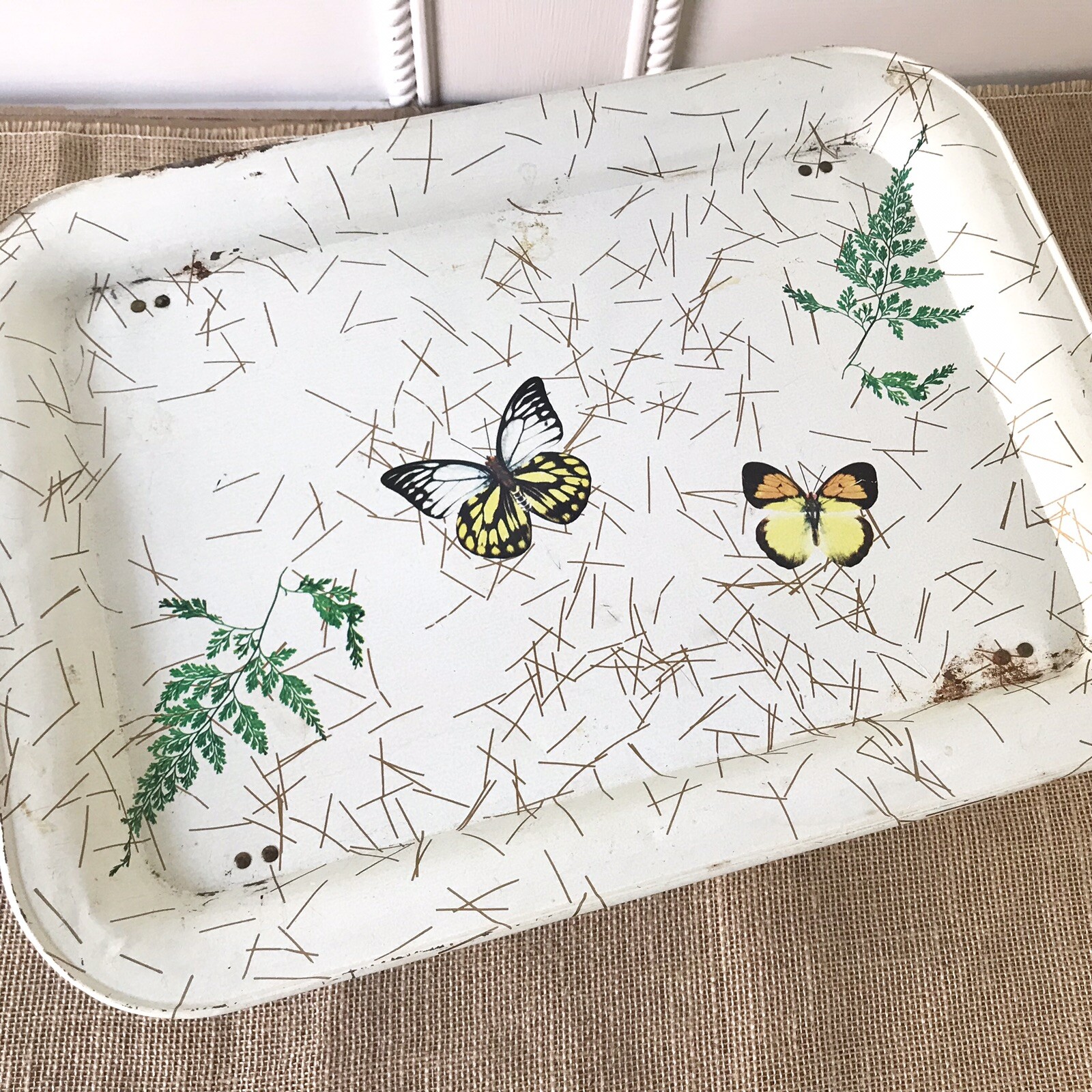 Vintage Metal TV Lap Tray Folding Legs Butterflies Mid Century