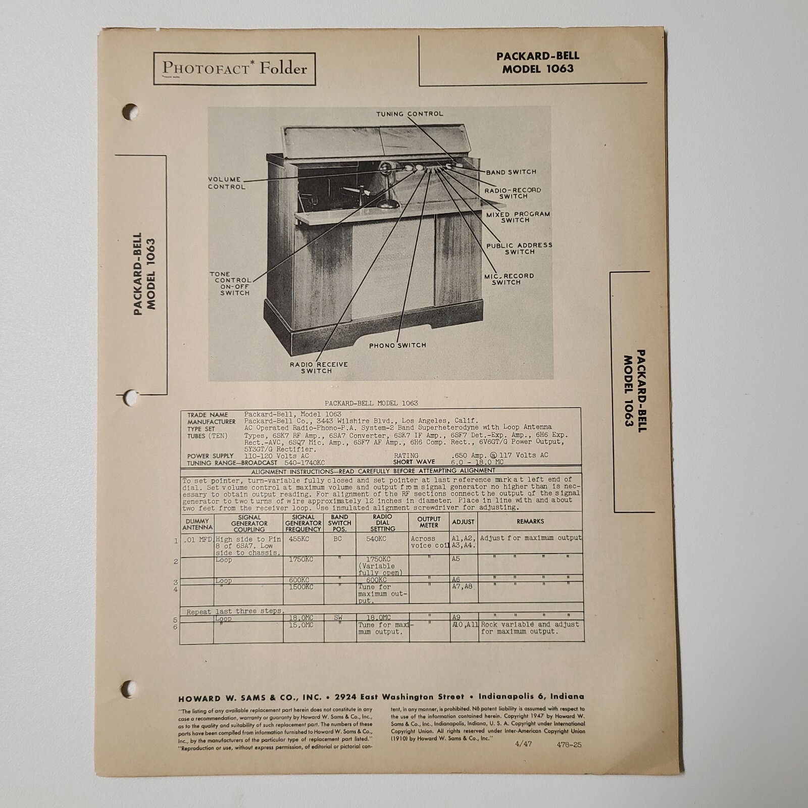 チャート・ブックファースト No.723 SAMS PHOTOFACT SERVICE MANUAL 878-4 ADMIRAL RECORD PLAYER
