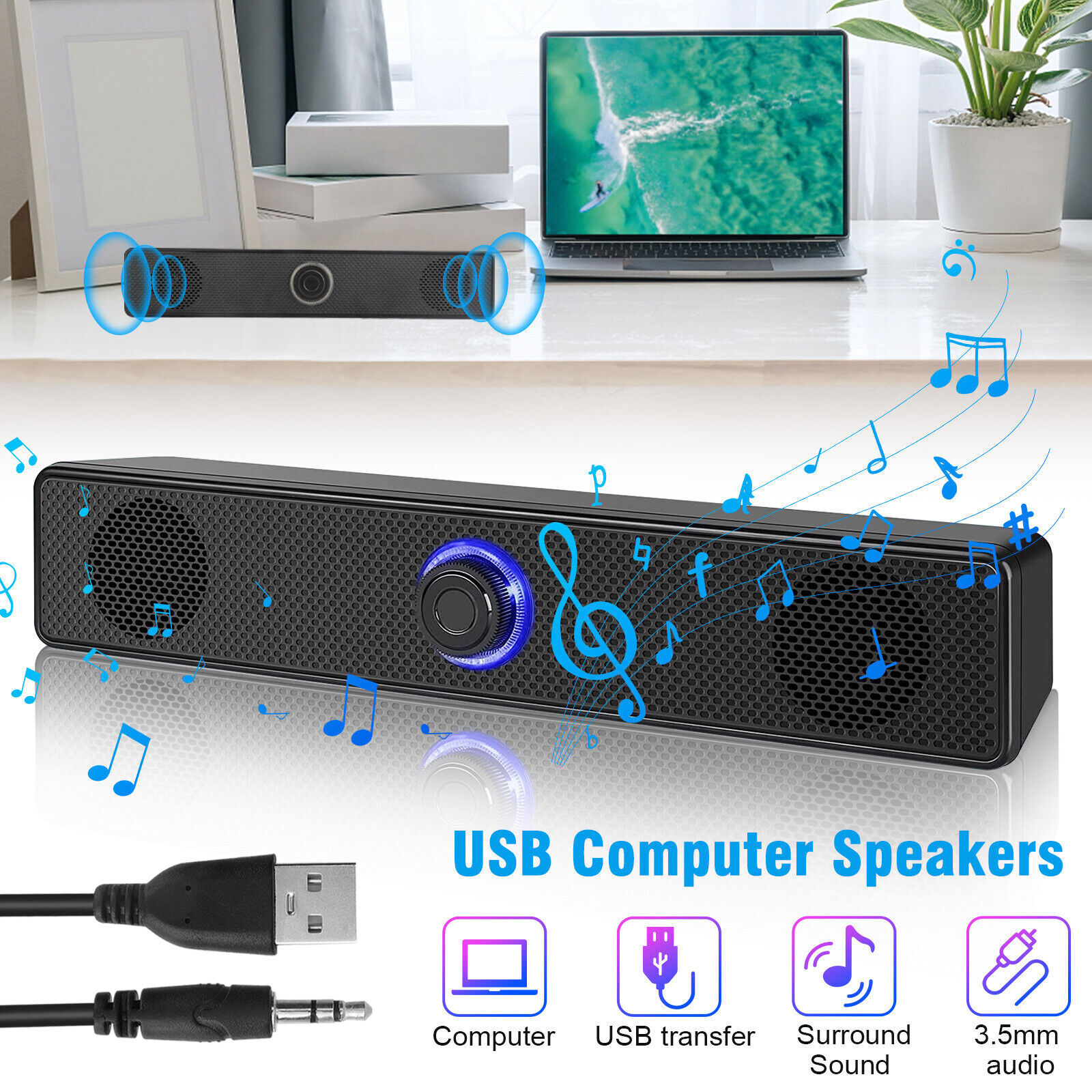 Computer Speakers  Wired Soundbar For Laptop Pc