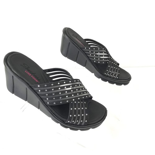 Skechers Women's Luxe Foam Cross Band Slide Sandals Black Wedge Size 6