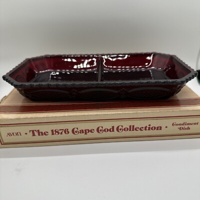 AVON CAPE COD CONDIMENT DIVIDED DISH RELISH RUBY RED GLASS W/BOX 1985 NEW