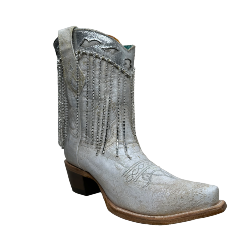 Pre-owned Corral Boots Corral Ladies White-silver Overlay & Fringe Snip Toe Ankle Boots Z5250