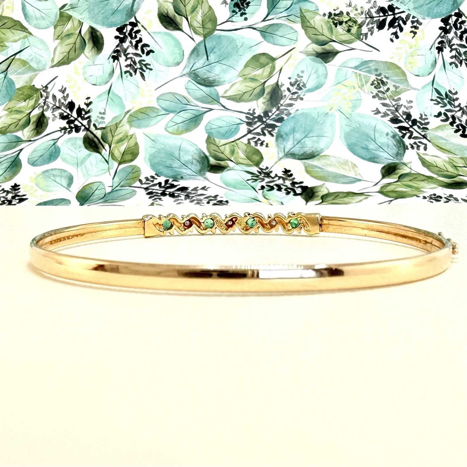 10k Yellow Gold Genuine Emerald & Diamond Bangle Bracelet, Preowned - Picture 5 of 9