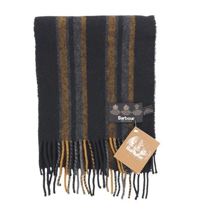 NEW BARBOUR 100% Lambswool Scarf Vertical Stripe Black Grey Gold Fringe