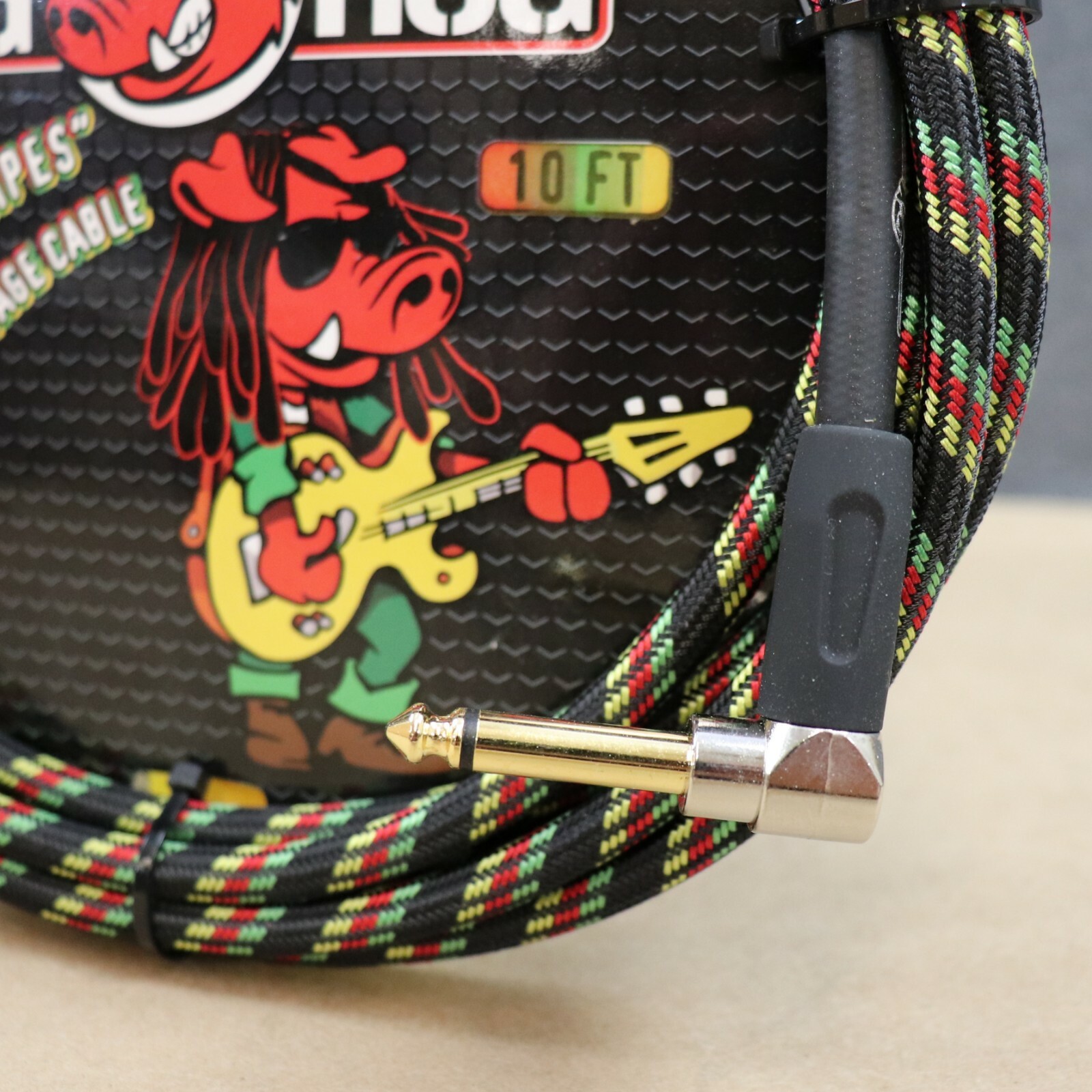 Pig Hog 10' Right Angle Vintage Woven Instrument Guitar Cable 10ft RASTA Stripes