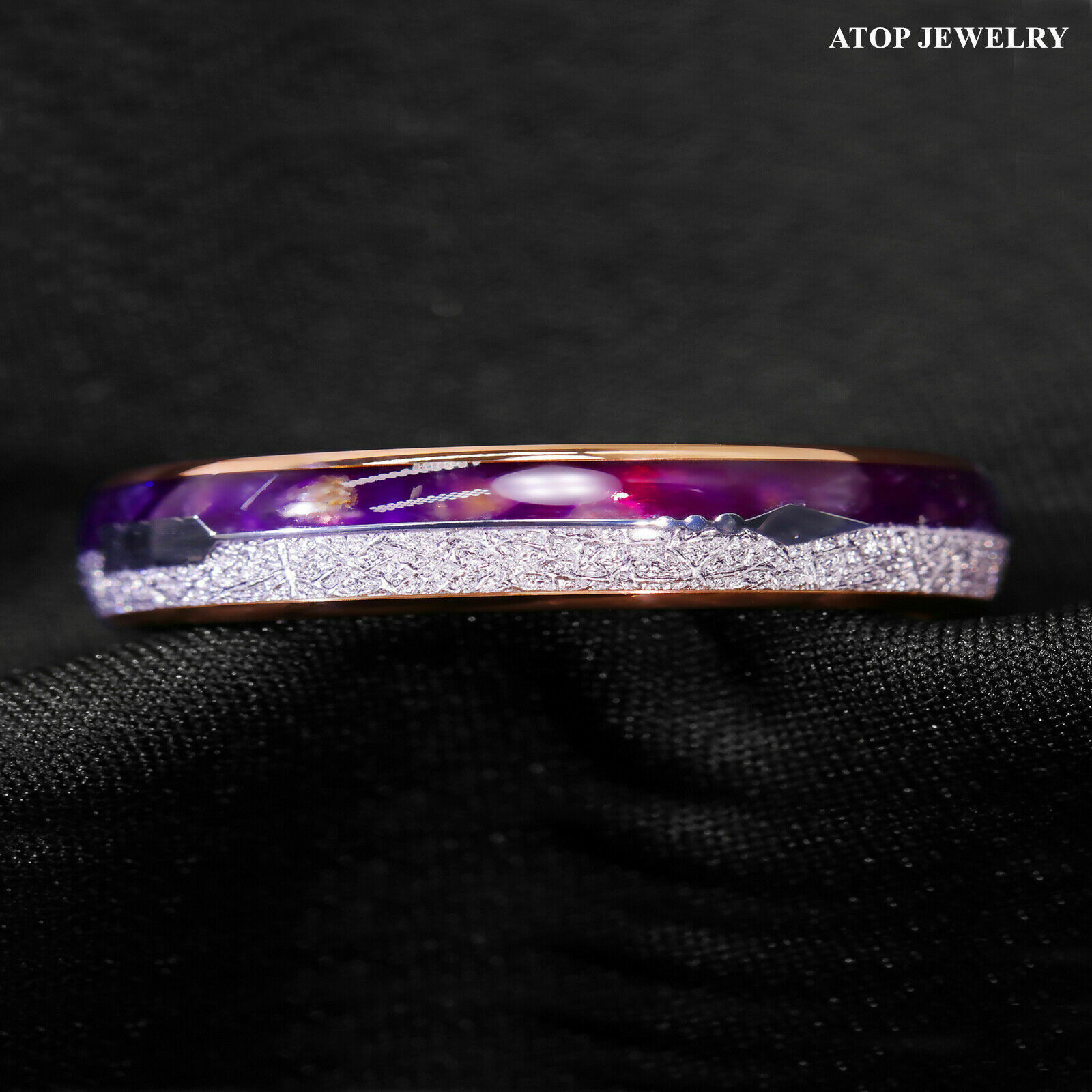 ATOP 8/6mm Purple Agate Meteorite Arrow Rose Gold Tungsten Ring Men