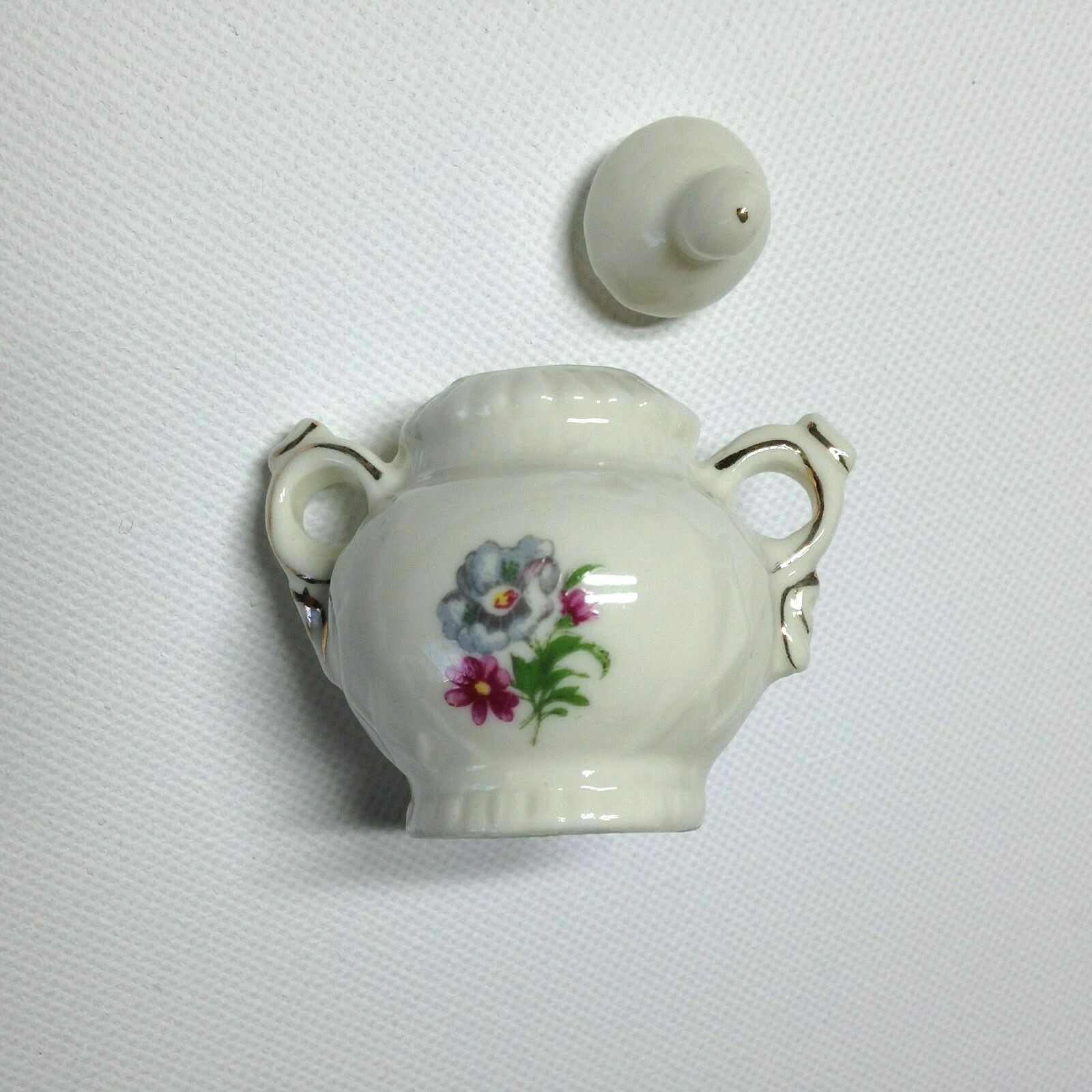 Miniature Ceramic Tea Set - Floral on White with Gold Trim