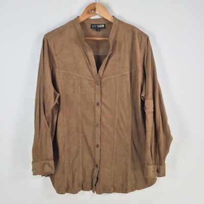 MY SIZE womens blouse shirt plus size S brown long sleeve buttoned 072287