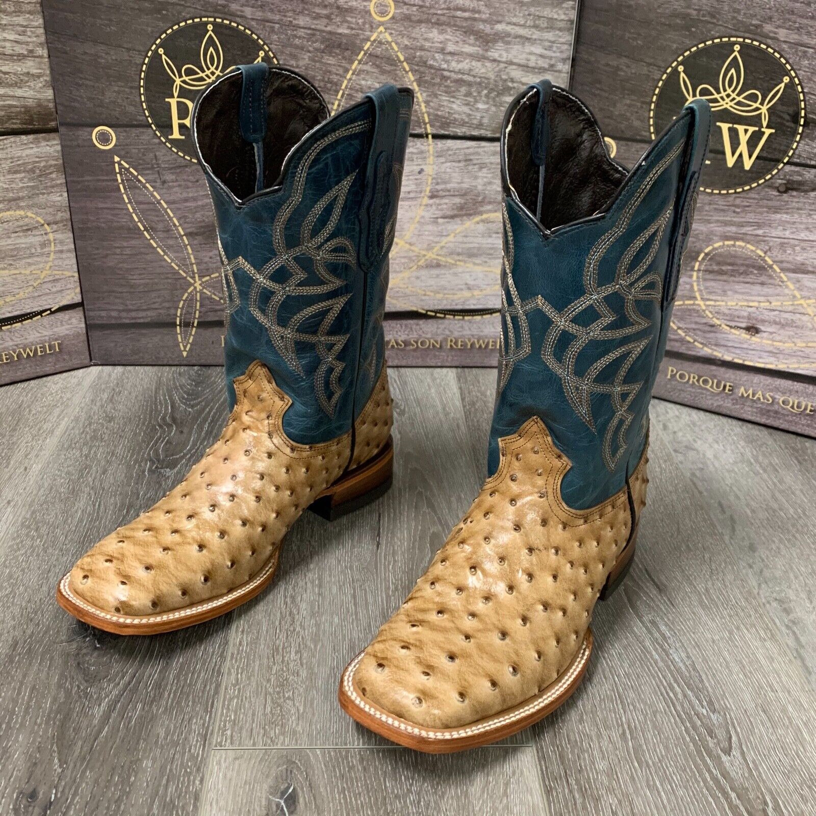 's Brown Ostrich Quill Leather Western Rodeo Exotic Cowboy Square Toe Botas