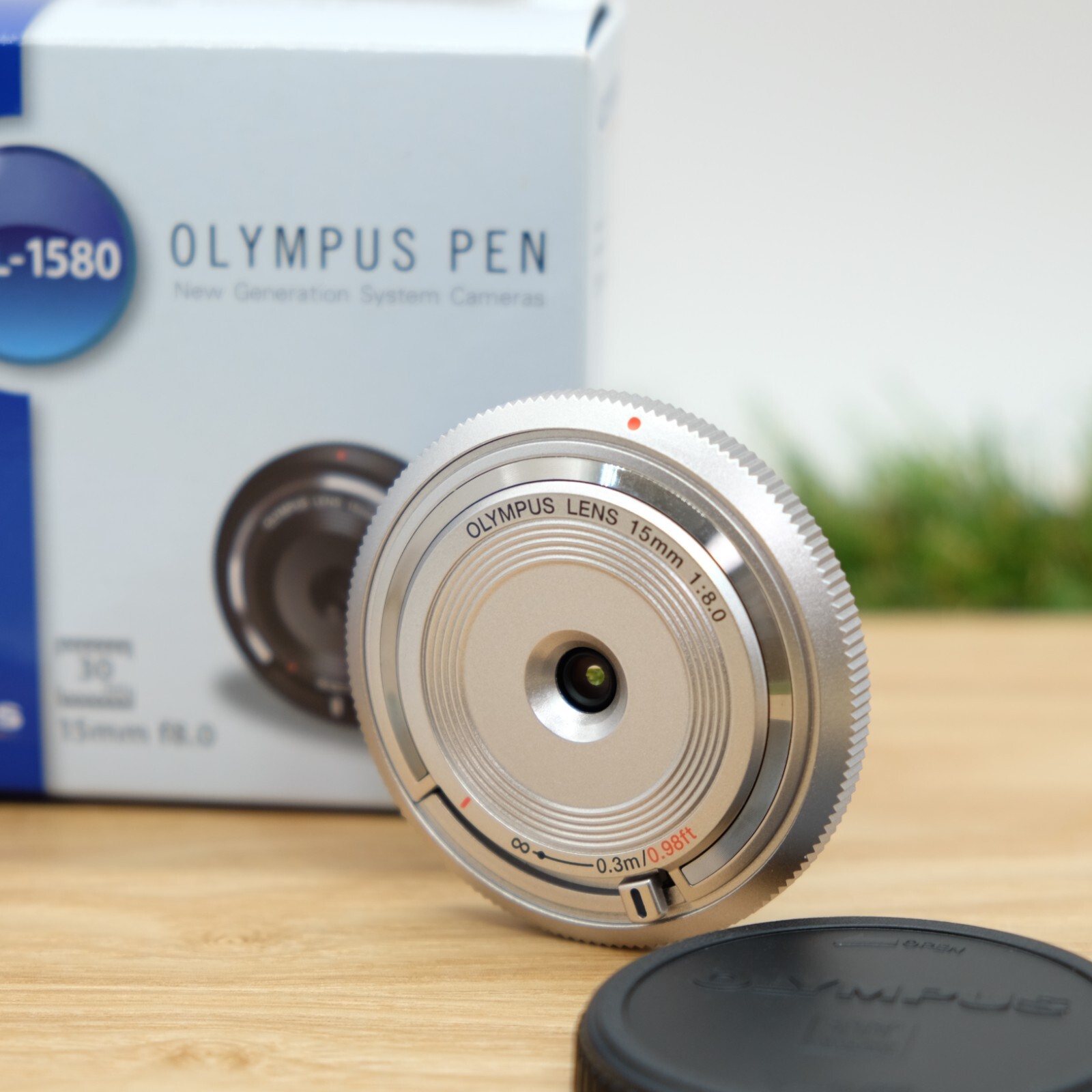 レンズ(単焦点) OLYMPUS PEN BCL-1580 15mm f/8.0 body Cap Olympus 15mm f/8 Lens BCL-1580 Silver for PEN Camera W/ Box