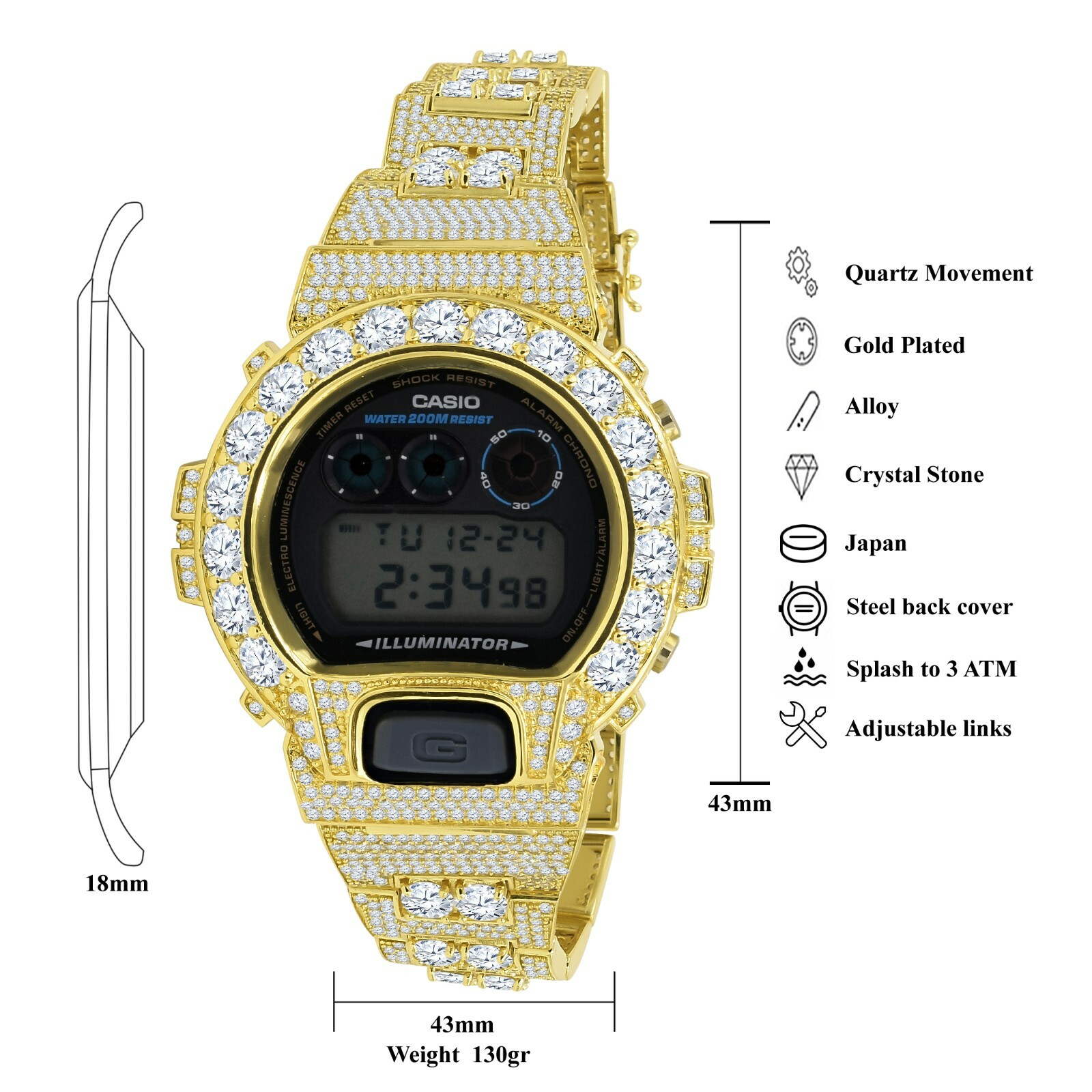 Pre-owned Casio Solitaire Custom Authentic  G-shock Dw 6900 Yellow Gold 2 Tone Men's Watch