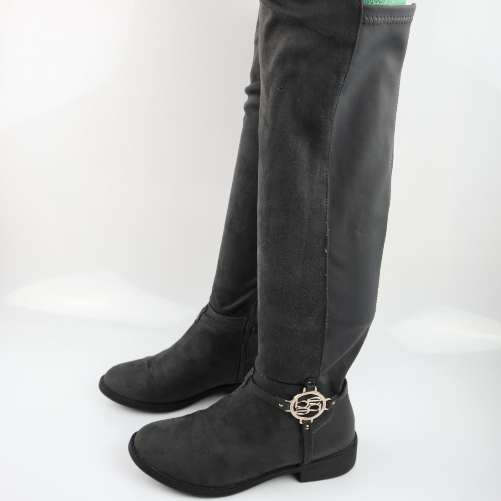BEBE WOMEN S GRAY OVER THE KNEE OXLEY PULL ON BOOTS FAUX SUEDE W ZIPPER SZ 7.5 eBay