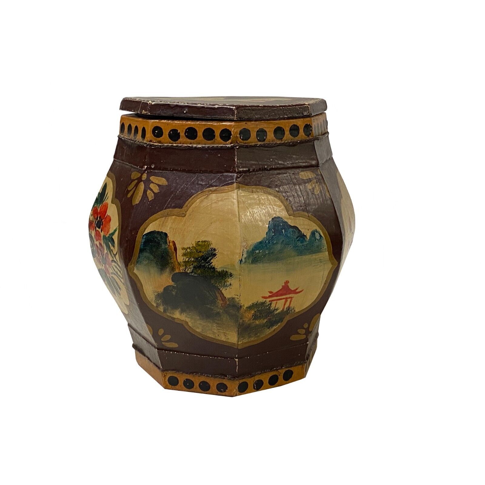 Small Chinese Vintage Wood Octagon Brown Scenery Box Display ws3233S Small Chinese Vintage Wood Octagon Brown Scenery Box Display ws3233S