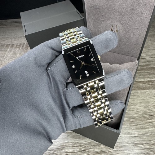 Pre-owned Bulova New✅  Quadra Diamond Date Black Dial Rectangle Two Tone Men's Watch 98d153