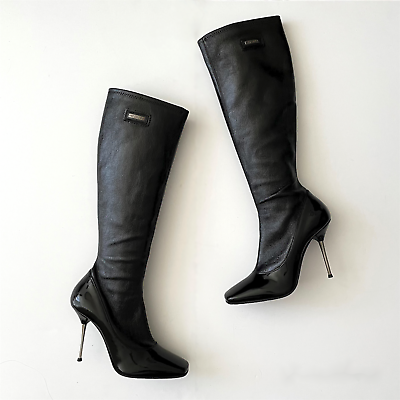 Le Silla Black Patent Leather Boots Titanium Stiletto Heel size 38.5 8.5 NEW