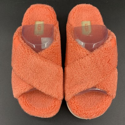 WOMENS US 7 UGG FUZZ SUGAR TERRY CROSS SLIDE ORANGE SLIP-ON SANDAL EUR 38 