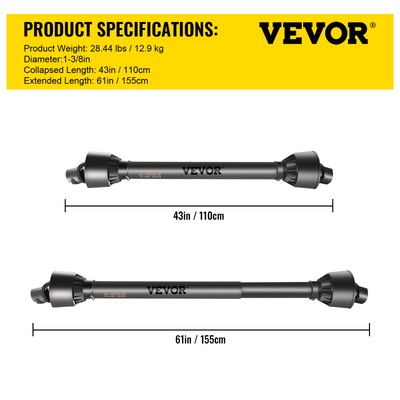 VEVOR PTO Shaft PTO Drive Shaft 1-3/8" x 6 Spline Ends Round End T4 43"-61"