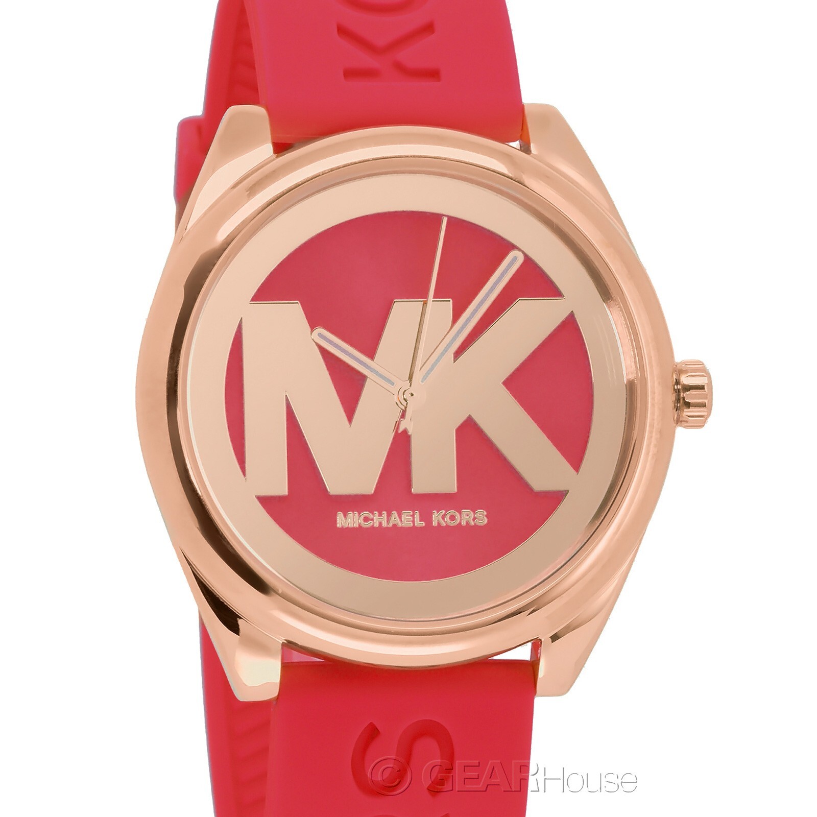Женские часы Michael Kors Janelle из розового золота, циферблат с логотипом MK, Красный силиконовый ремешок