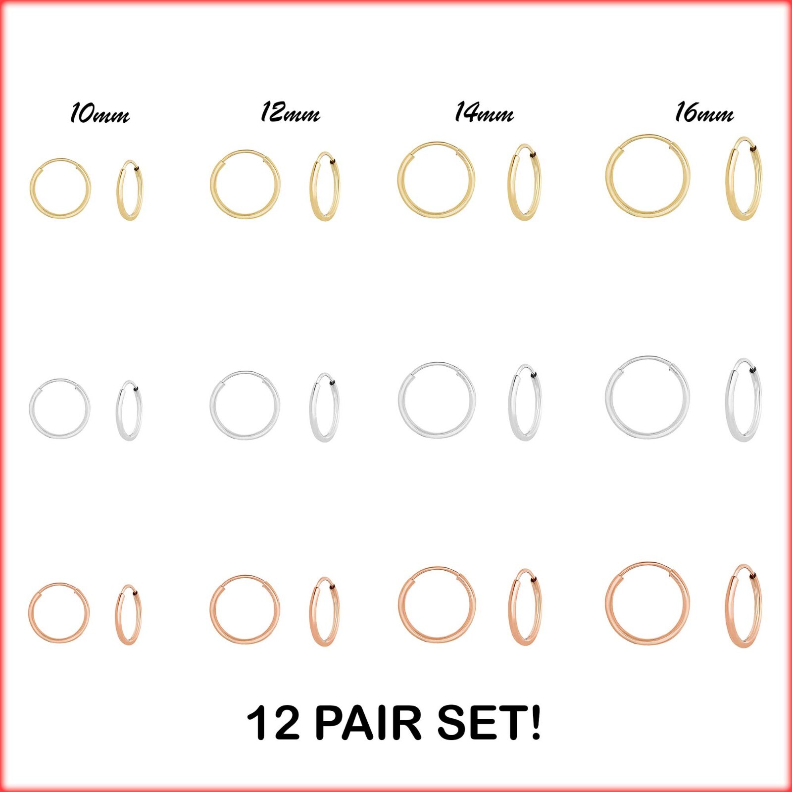 Set of 12! 925 Sterling Silver Gold Tone Endless Hoop Earrings Nose Cartilage