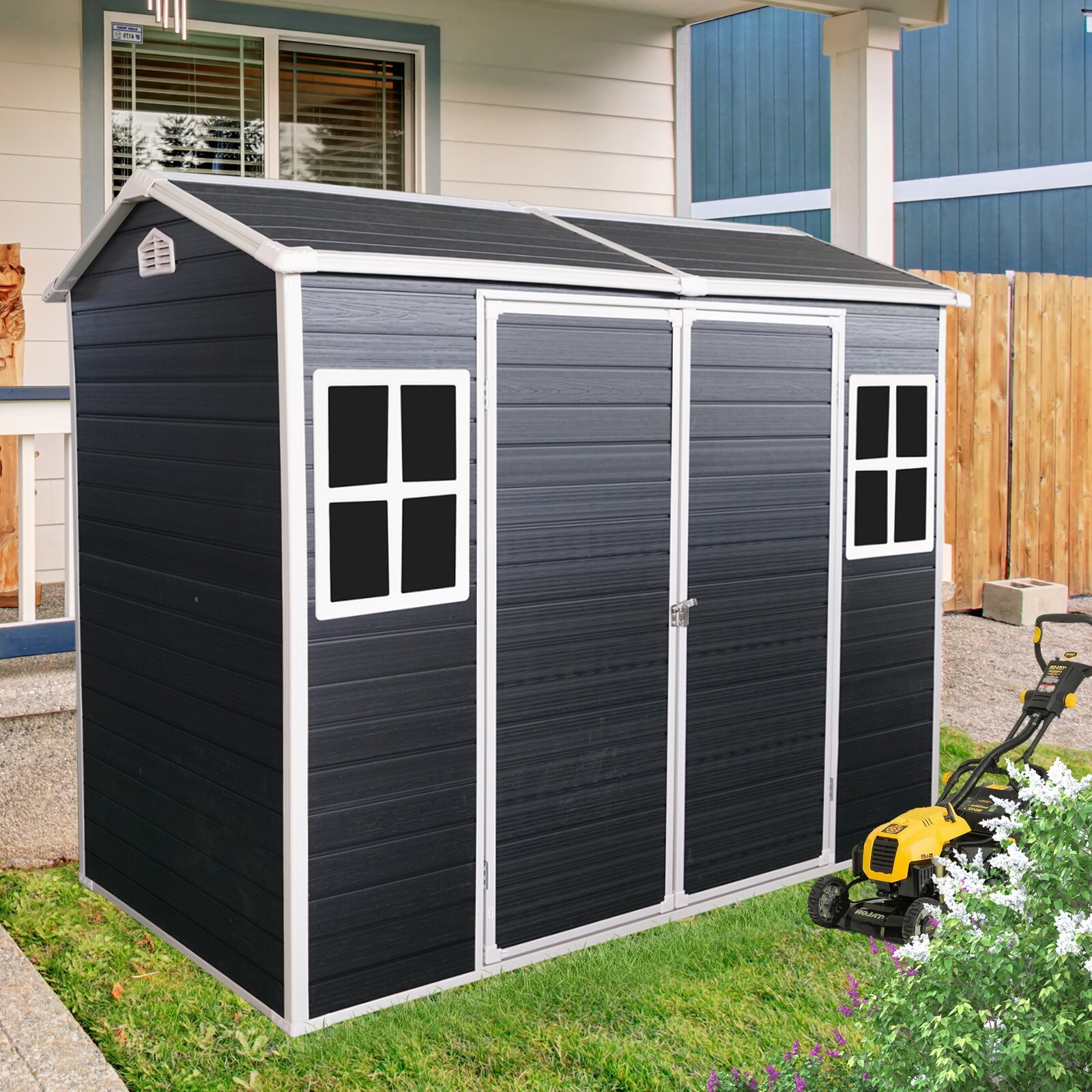 4x8 FT Resin Outdoor Storage Shed Waterproof with Floor and Two-Window Garden