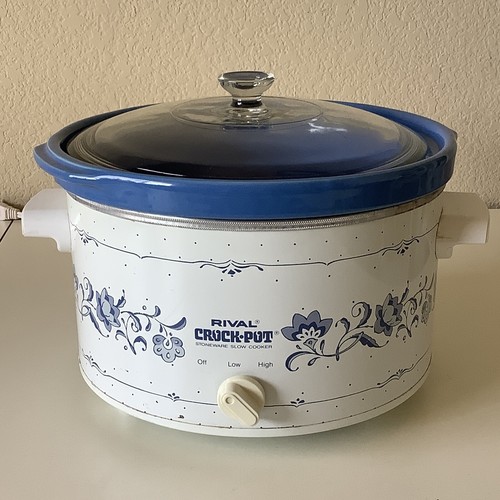 Vintage Rival Crock Pot 3154 Blue Floral Pattern 4 Qt Stoneware Slow Cooker