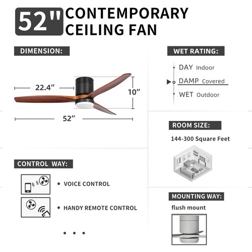 52" Farmhouse Ceiling Fan with Light and Remote Flush Mount 3 Wood Blades Fan