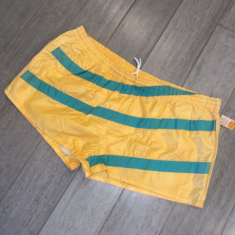NEW Vtg 70s 80s Swim Trunks Athletic Track Shorts Defender Yellow Stripe Mens XL
