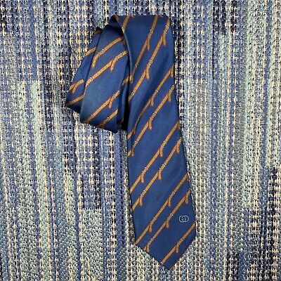 Gucci Vintage Navy Blue GG Logo Belt Striped Pattern 100% Sets Silk Necktie