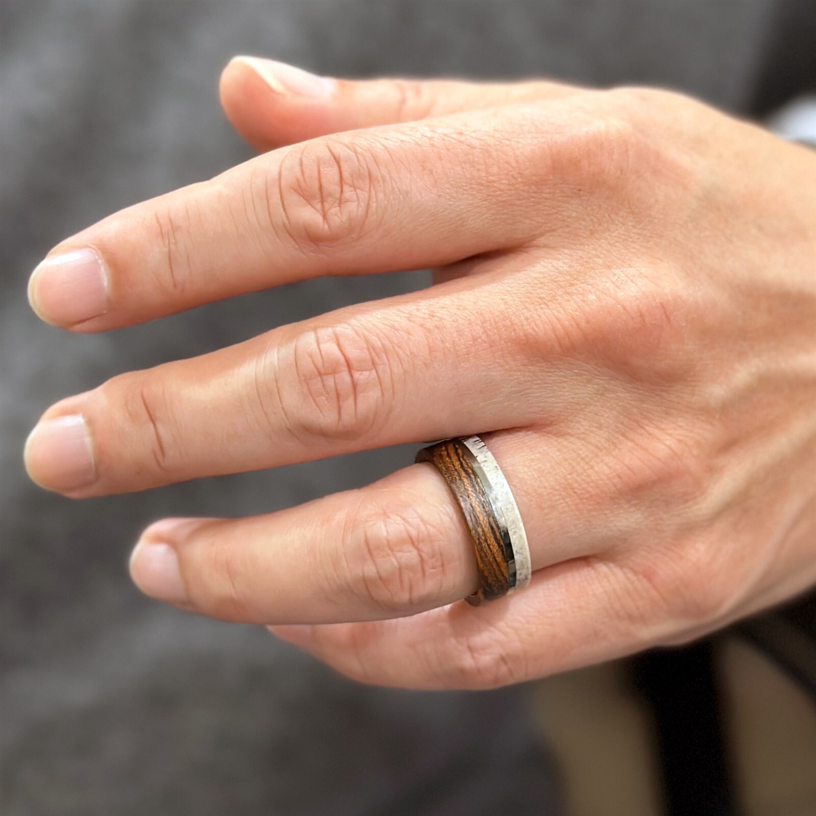Personalized Men's Tungsten Offset Deer Antler & Bocote Wood Wedding Band Ring
