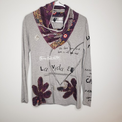 Desigual Sz M Long Sleeve Cowl Neck Mixed Fabric Artistic