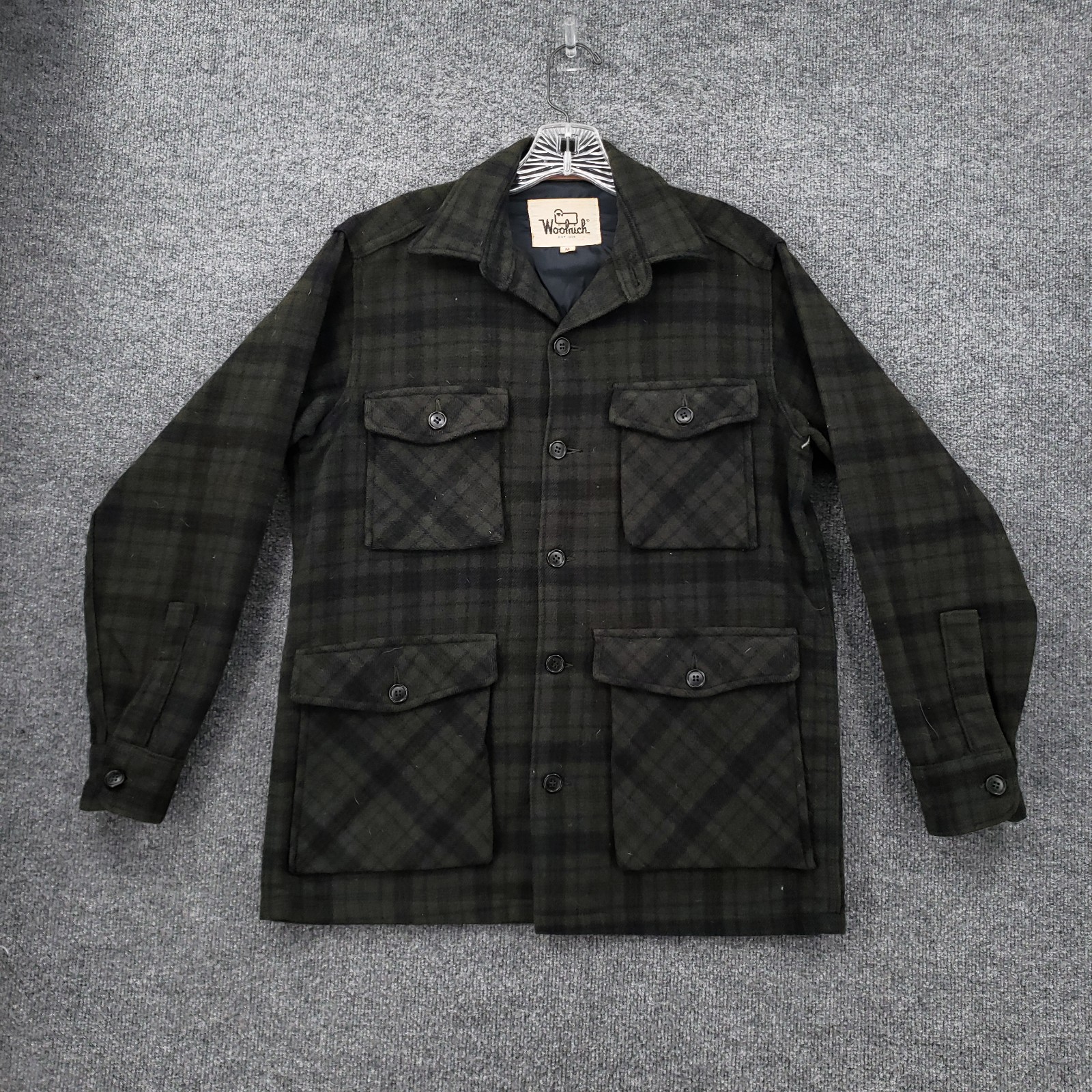 VINTAGE Woolrich Shacket Mens M Medium Green Plaid Flannel Utility