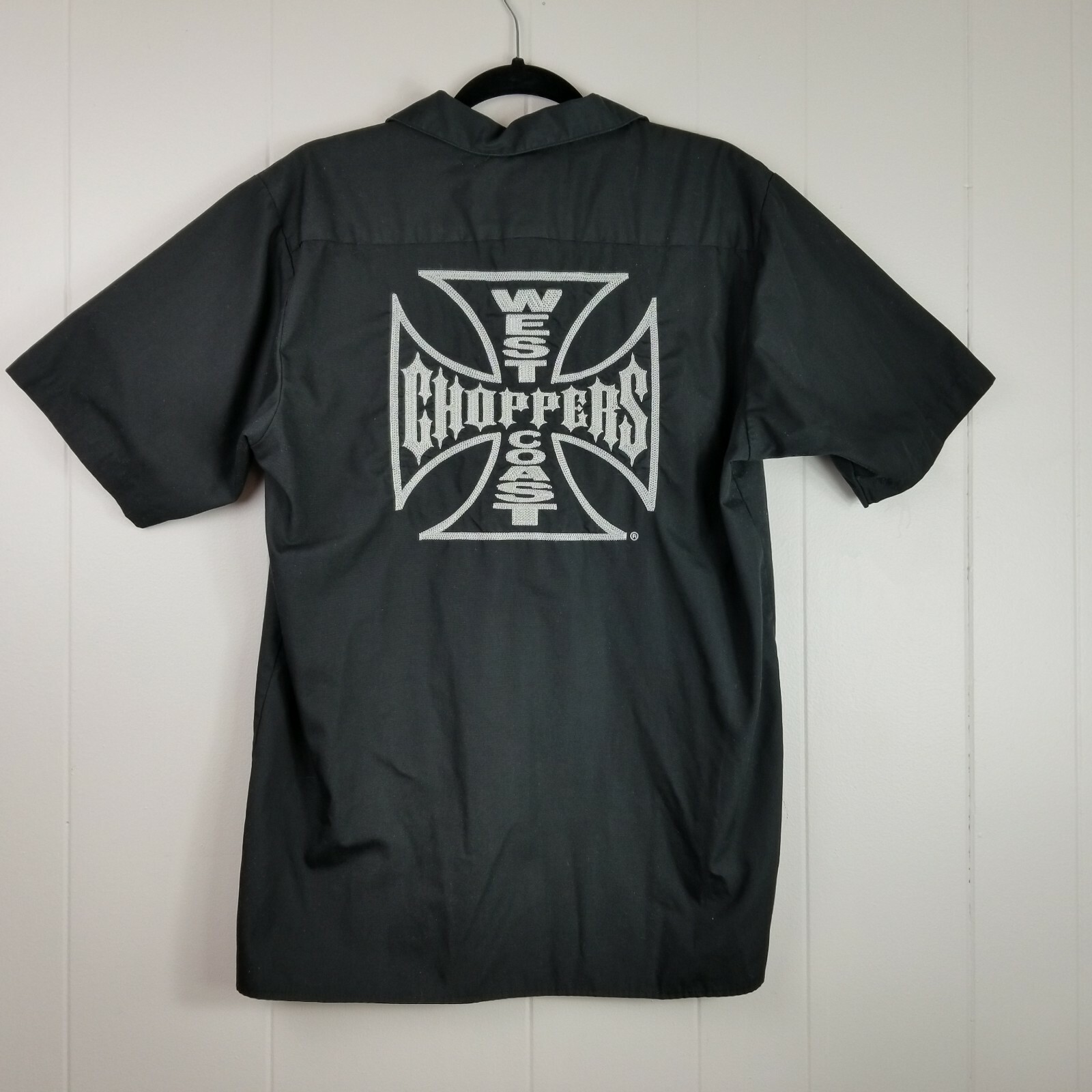 Jesse James Work Wear Shop Shirt Embroidered Button Up Black Short Sleeve Medium