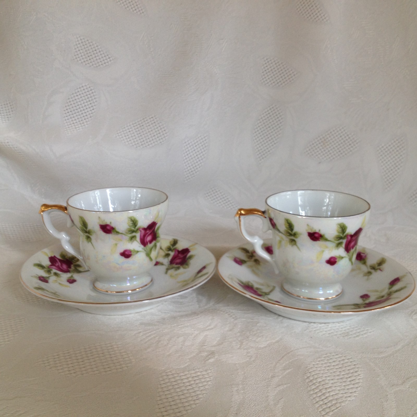 PAIR OF TMJ IRIDESCENT GOLD TRIM FLORAL ROSE DEMITASSE CUP AND SAUCER JAPAN