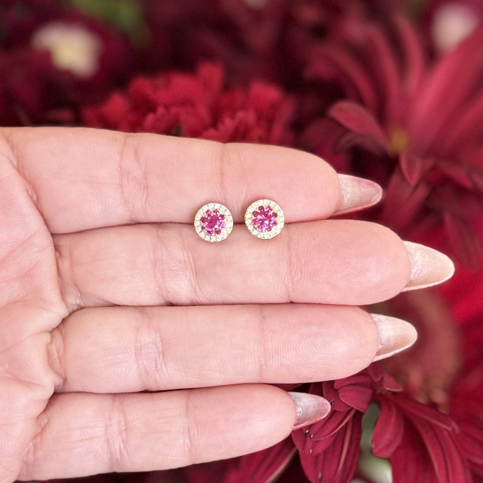 14k Yellow Gold Genuine Ruby & Diamond Halo Stud Screw-Back Earrings, New - Picture 9 of 10