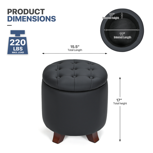 17" Black Round Storage Ottoman Classic PU Leather Lift Top Footstool Wood Legs