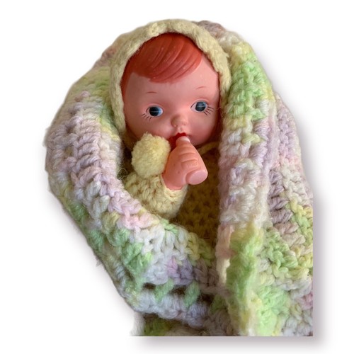 VINTAGE HANDMADE CROCHET BABY DOLL W/ Plastic Face Yellow
