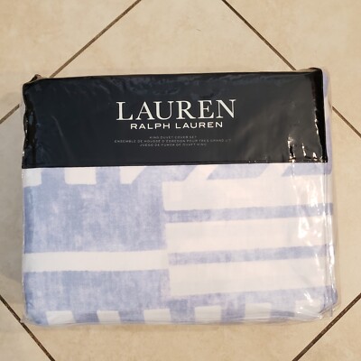 Ralph Lauren KING Bennett Geometric Duvet Cover Set Shams Blue Cornflower