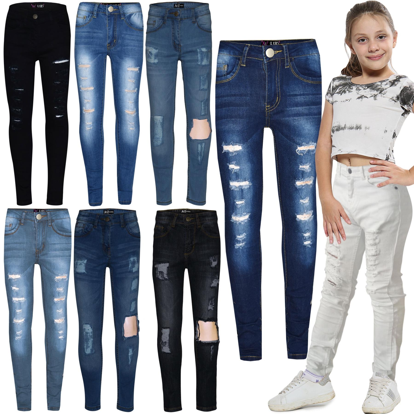 Kinder Mädchen Dünn Jeans Denim Zerrissen Dehnbar Hosen Mode Hosen Alter  3-14 | eBay