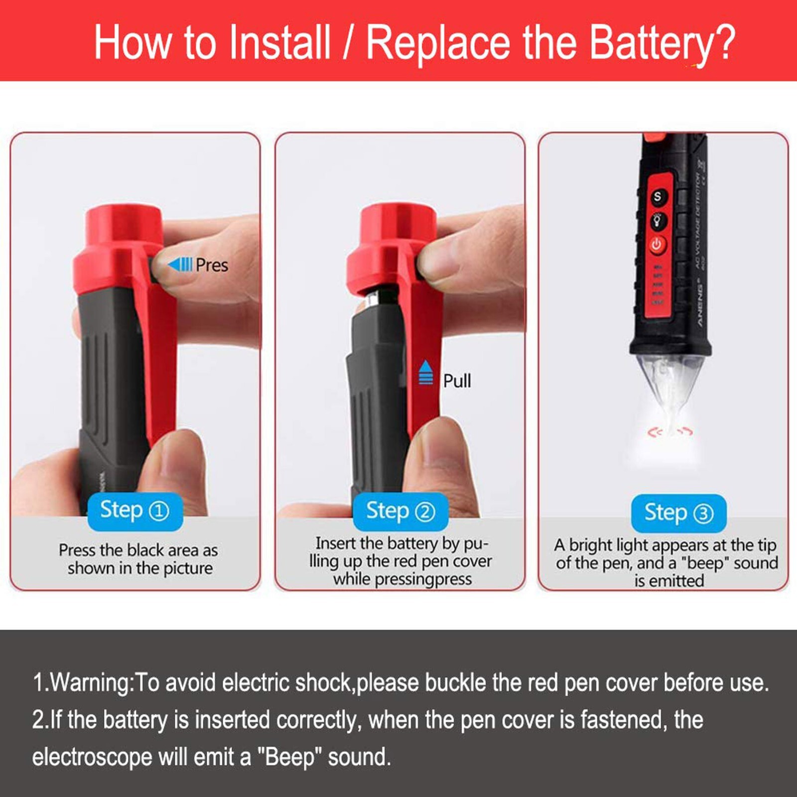 Voltage Electric Tester Volt Detector Test Pen Non-Contact Sensor AC DC 12-1000V